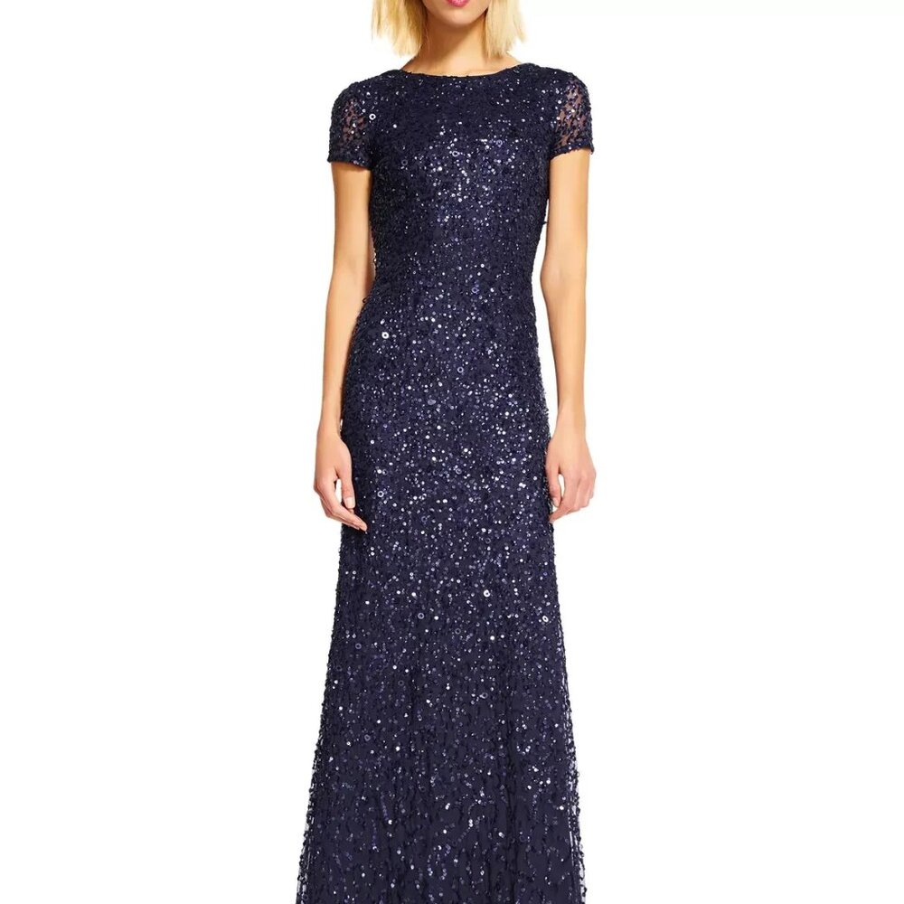 Adrianna Papell Women's Short-Sleeve Scoop Back All Over Sequin Gown in Navy